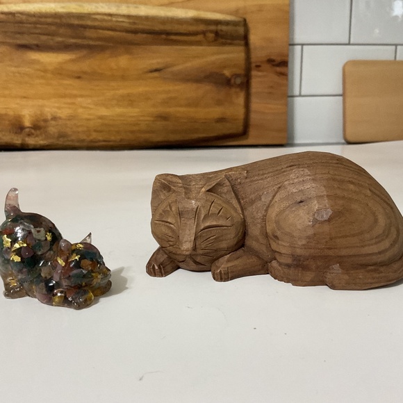 Other - VTG Hand Carved Wooden Cat Figure Curled Up Sleeping & Small Resin Cat Figure